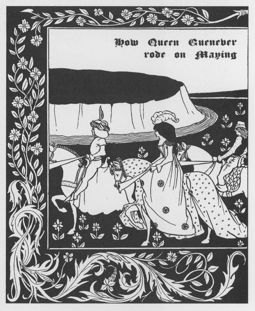 Arthurian Legend: "" Queen Guenievre Queen of May"" Gravyr i "" The Morte of Arthur"" av Sir Thomas Malory, utgåva illustrerad av Aubrey Beardsley (1872-1898) 1893-1894 (Arthurisk legend: drottning Guenever (Guinevere) maying , illustration av Aubrey Beard av Aubrey Beardsley