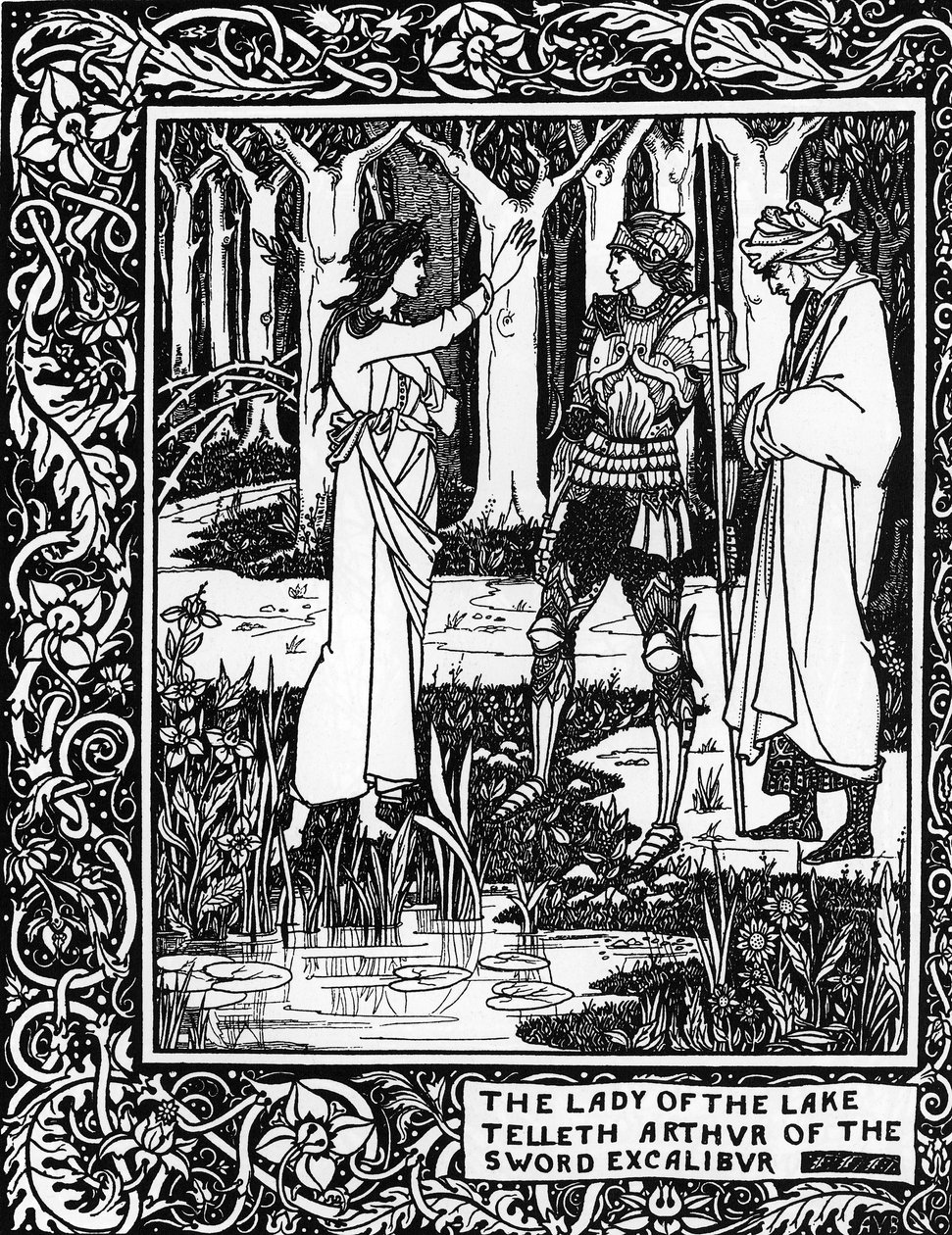 Arthurian Legend: "The Lady of the Lake (Vivian avgift) lär Arthur existensen av Excalibur-epee"" Gravyr i "Le Morte d