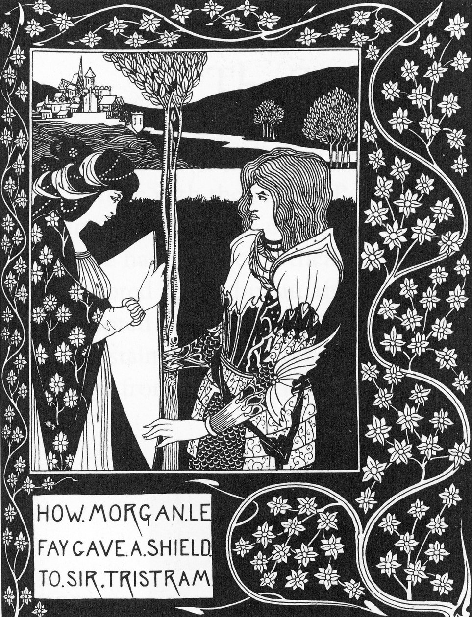 Arthurian Legend: "" Avgiften Morgane ger en sköld till Tristan""" Gravyr i "Berättelsen om Tristan och hans äventyr, som inkluderar hans kärlekshistoria med Isolde"" "The Morte of Arthur"" av Sir Thomas Malory, utgåva illustrerad av Aubrey gav Beardsley ( av Aubrey Beardsley