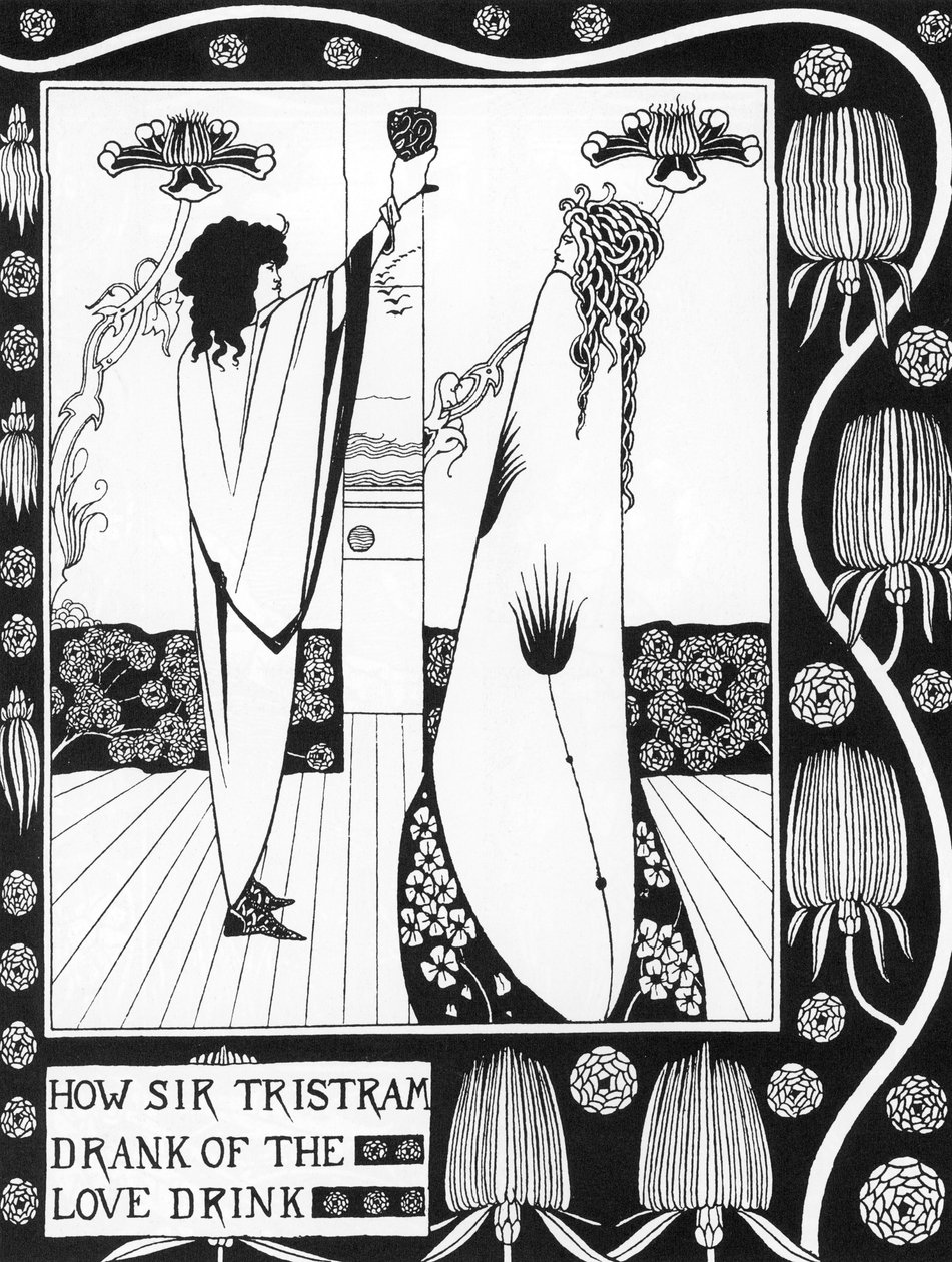 Arthurian Legend: "" Tristan drinking the love philtre""" Gravyr i "" Berättelsen om Tristan och hans äventyr, som inkluderar hans kärlekshistoria med Isolde"""" från Sir Thomas Malory, utgåva illustrerad av Aubrey Beardsley (1872-1898) ) 1893-1894 (Arthur av Aubrey Beardsley