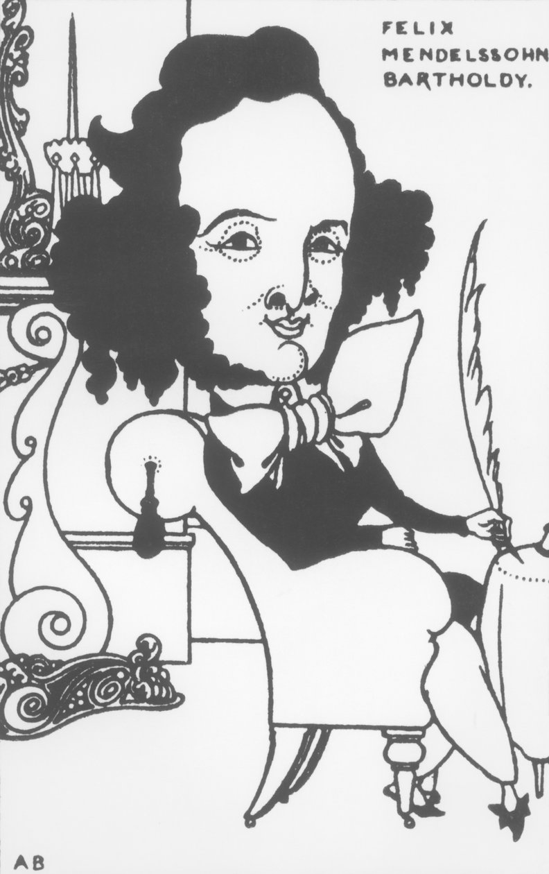 Karikatyr av Felix Mendelssohn (1809-47), sent 1800-tal (litho) (bw foto) av Aubrey Beardsley