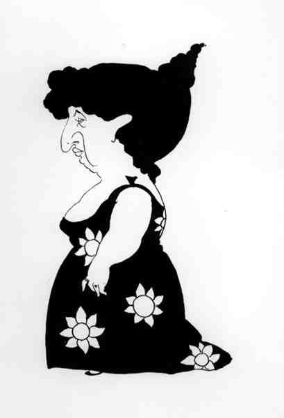 Karikatyr av en figur i en solrosklänning, från 