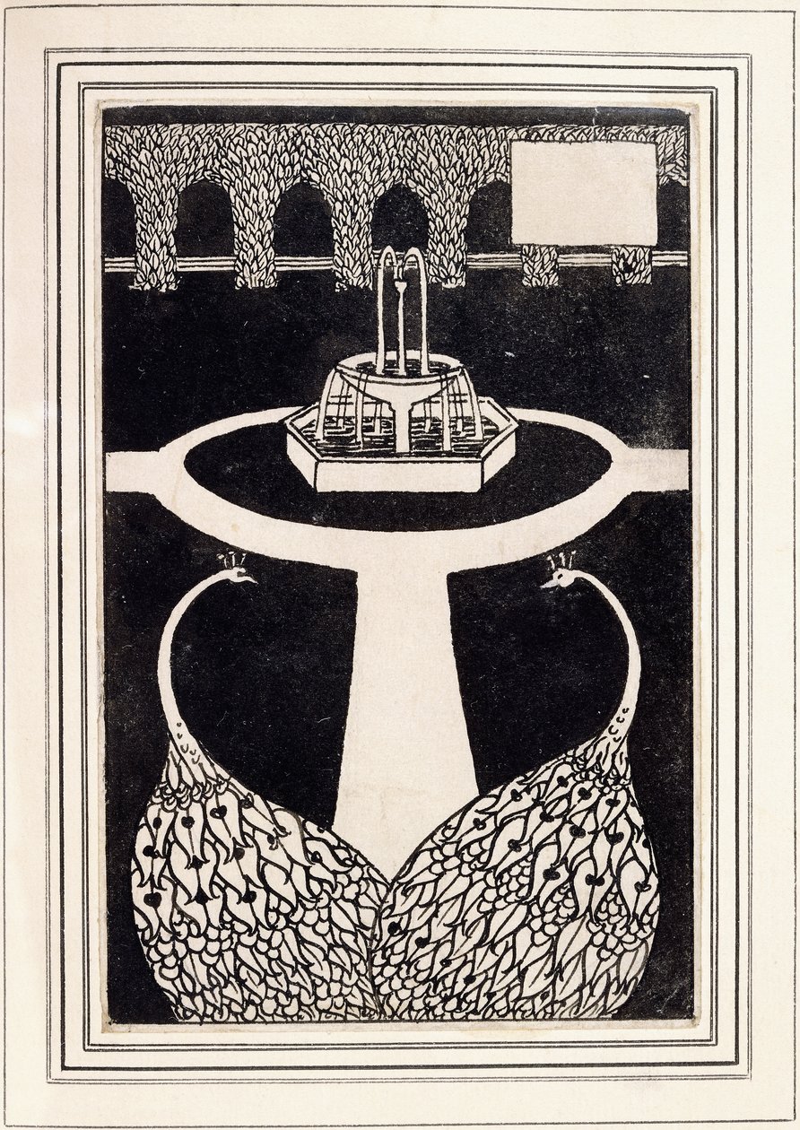 Kapitelrubrik som föreställer två påfåglar i en trädgård med en fontän, ca 1893/4 av Aubrey Beardsley