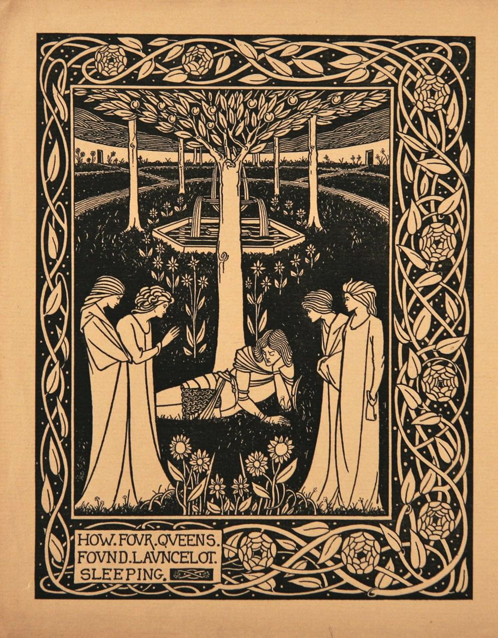 Hur fyra drottningar hittade Lancelot sovande. Illustration till boken Le Morte dArthur av Sir Thomas av Aubrey Beardsley