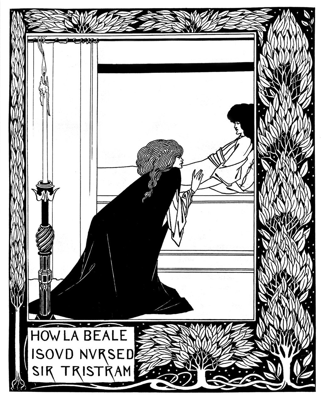 Hur La Beale Isoud skötte Sir Tristram. Illustration till boken Le Morte dArthur av Sir Thomas M av Aubrey Beardsley