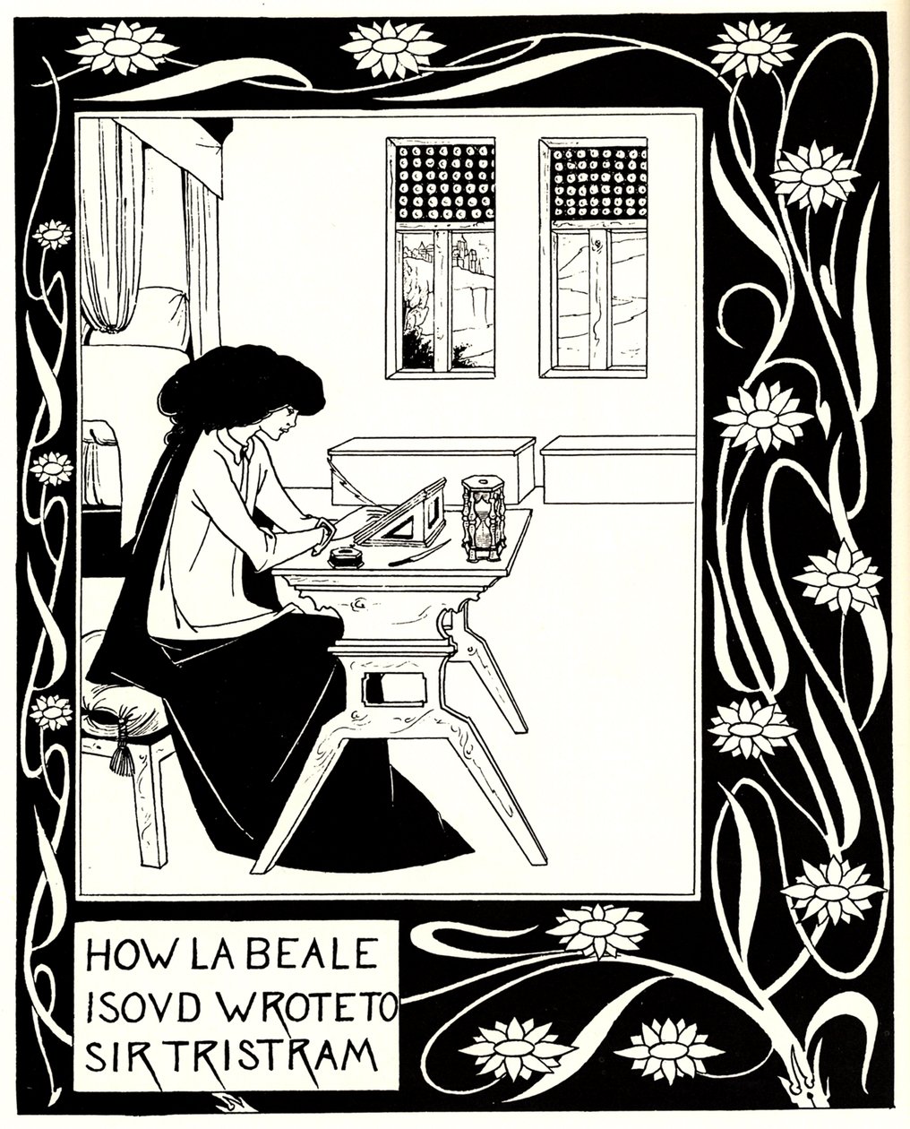 Hur La Beale Isoud skrev till Sir Tristram. Illustration till boken Le Morte dArthur av Sir Thomas av Aubrey Beardsley