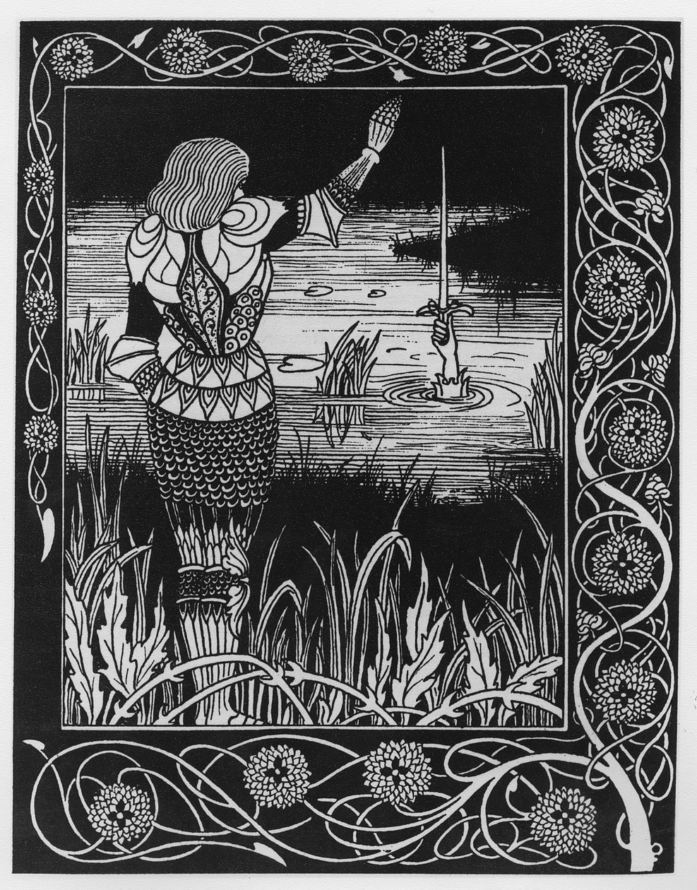 Hur Sir Bedivere kastade svärdet Excalibur i vattnet, en illustration från 