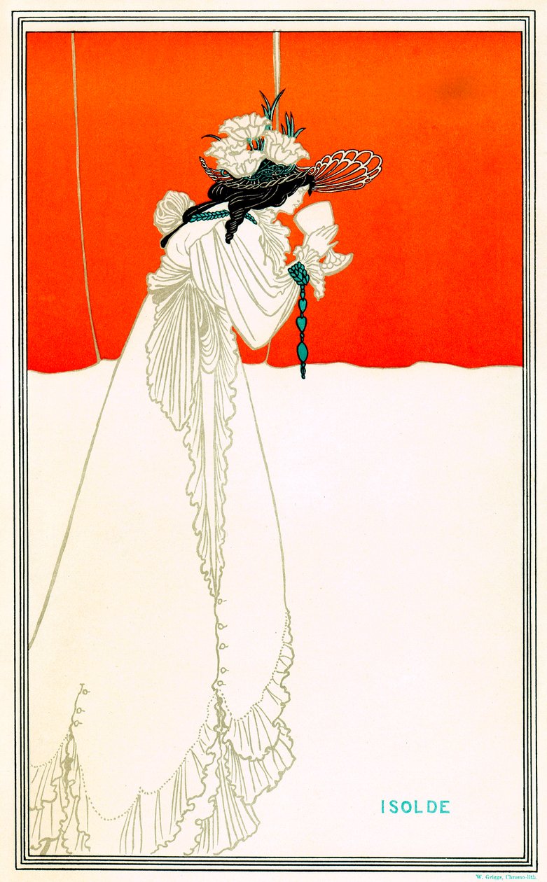 Isolde dricker kärlekens filter av Aubrey Beardsley (1872-1898) efter Richard Wagners opera Tristan och Isolde (Iseult eller Iseut, Yseut, Yseult, Ysolde) - Arturian Celtic legend - Art Nouveau - kromolitografi (kromolitografi) W. Griggs, The av Aubrey Beardsley