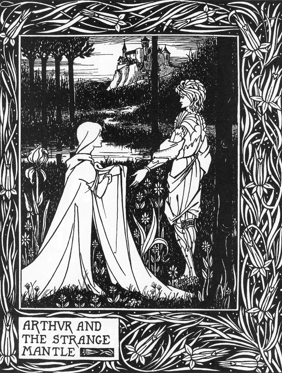 Kung Arthur tar emot besök av en ung flicka skickad av avgiften Morgane (Kung Arthur och den märkliga manteln skickad av Morgan the fay) Illustration av Aubrey Beardsley (1872-1898) från Thomas Malorys "The Death of Arthur" av Aubrey Beardsley