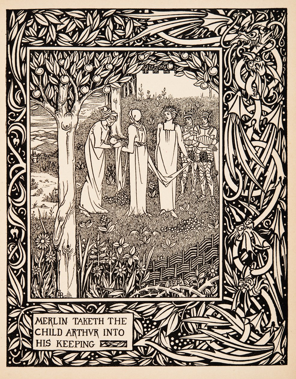 Merlin tar barnet Arthur i sin vård, Illustration från "Le Morte d