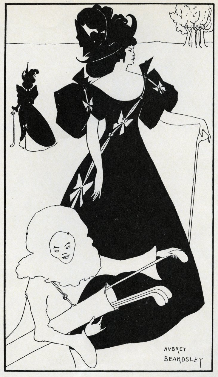 "Pierrot som Caddie"-design för ett golfklubbkort av Aubrey Beardsley