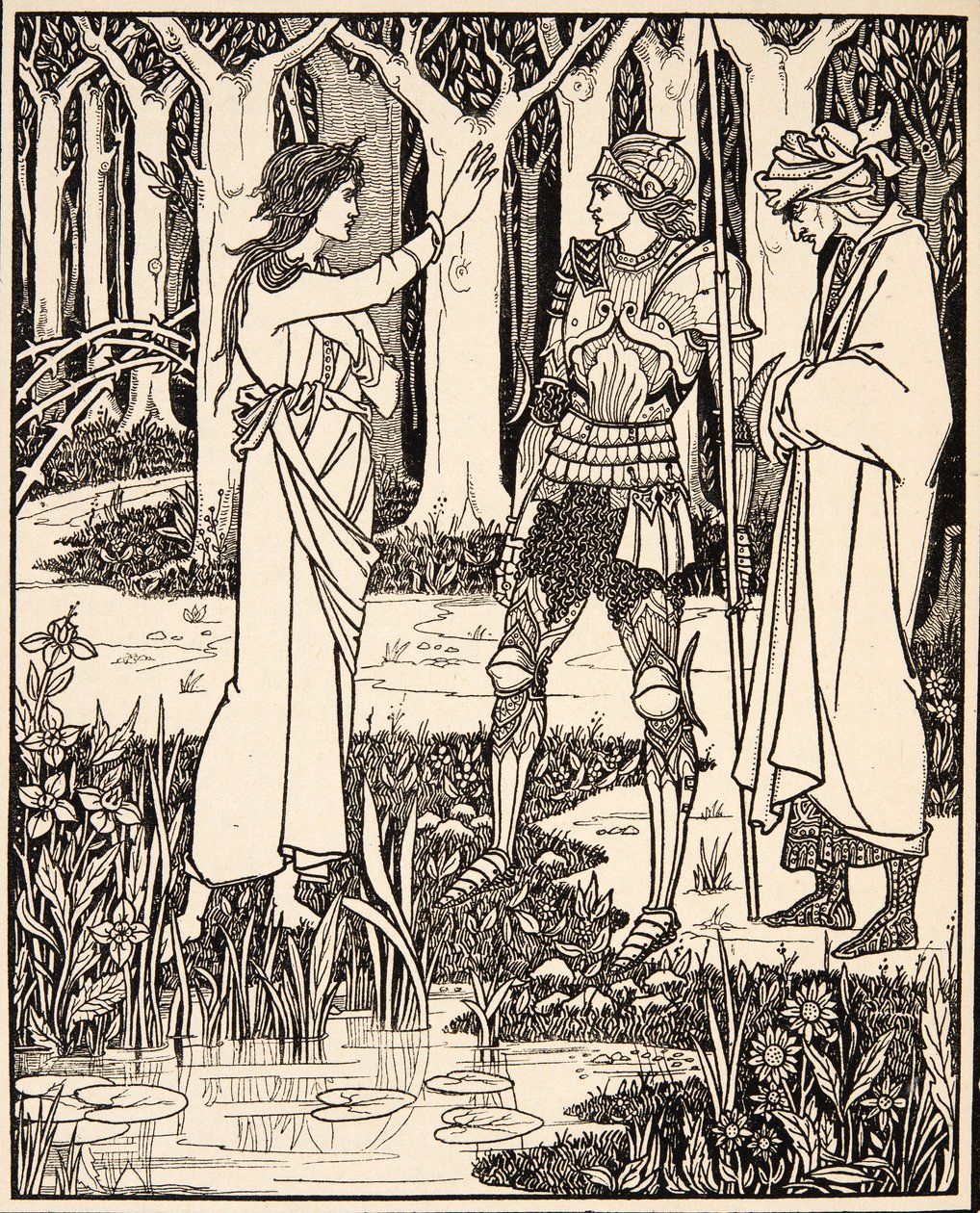 The Lady of the Lake berättar för Arthur om svärdet Excalibur,1894 (gravyr) av Aubrey Beardsley