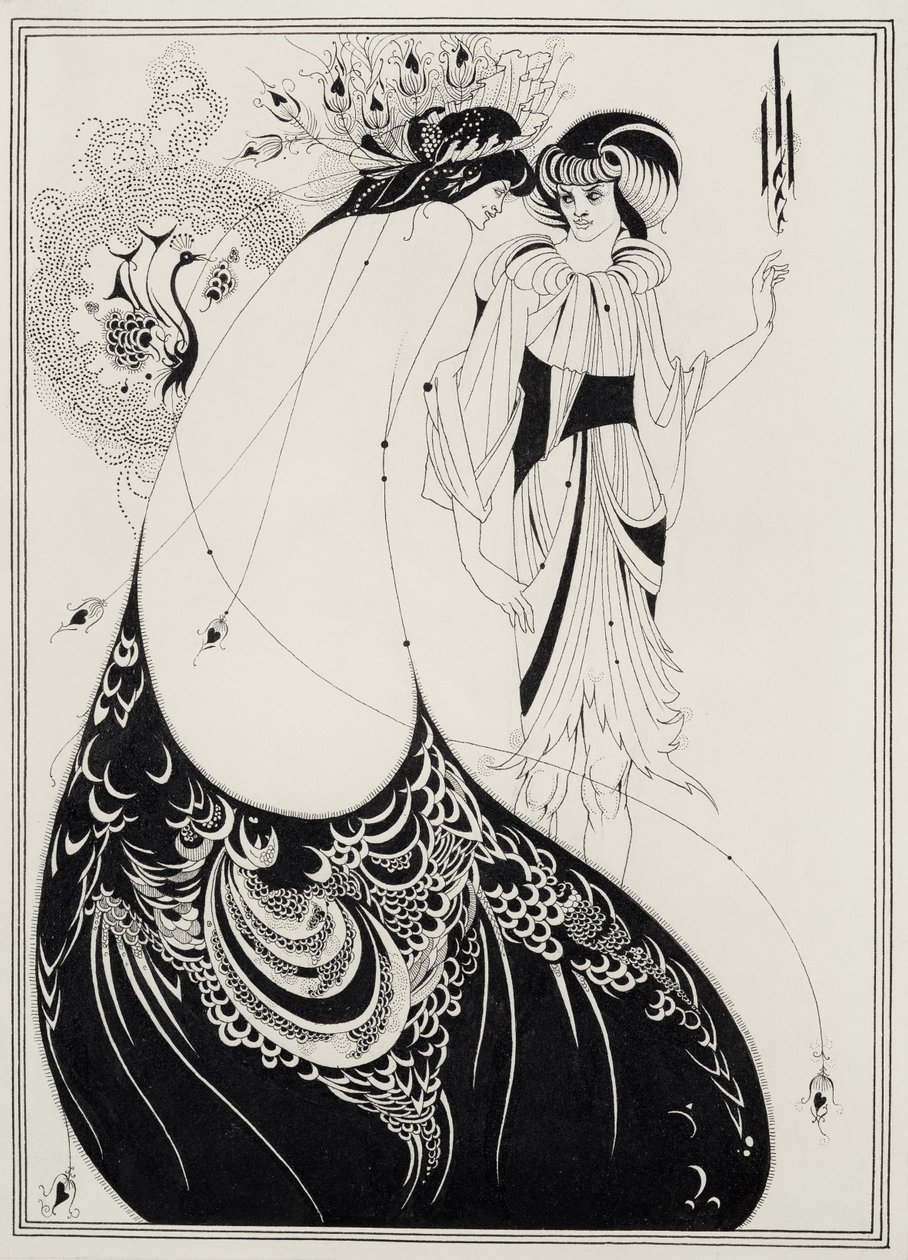 Påfågelkjolen, illustration för den engelska utgåvan av `Salome av Oscar Wilde (1854-1900) 1893 (svart bläck och grafit på papper) av Aubrey Beardsley