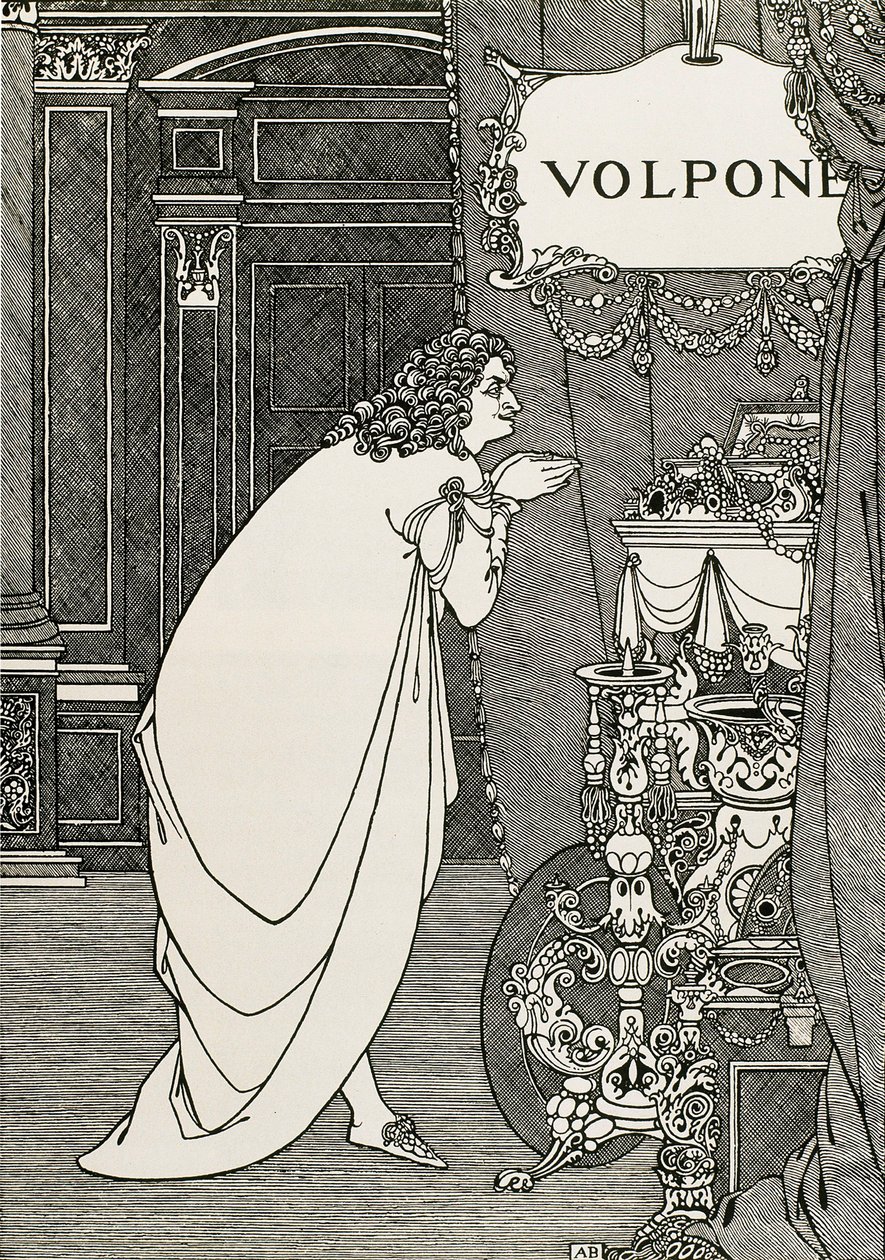 Titelsidan för Volpone or the fox (1609) skriven av Ben Johnson av Aubrey Beardsley