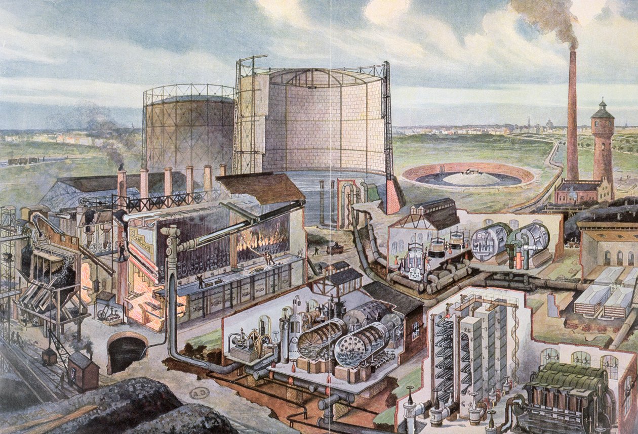 Tvärsnitt av en gasfabrik (färggravyr) av August Dressel