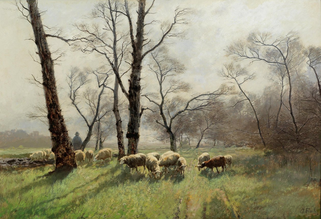 Shepherd with his Flock in the Evening Light av August Fink