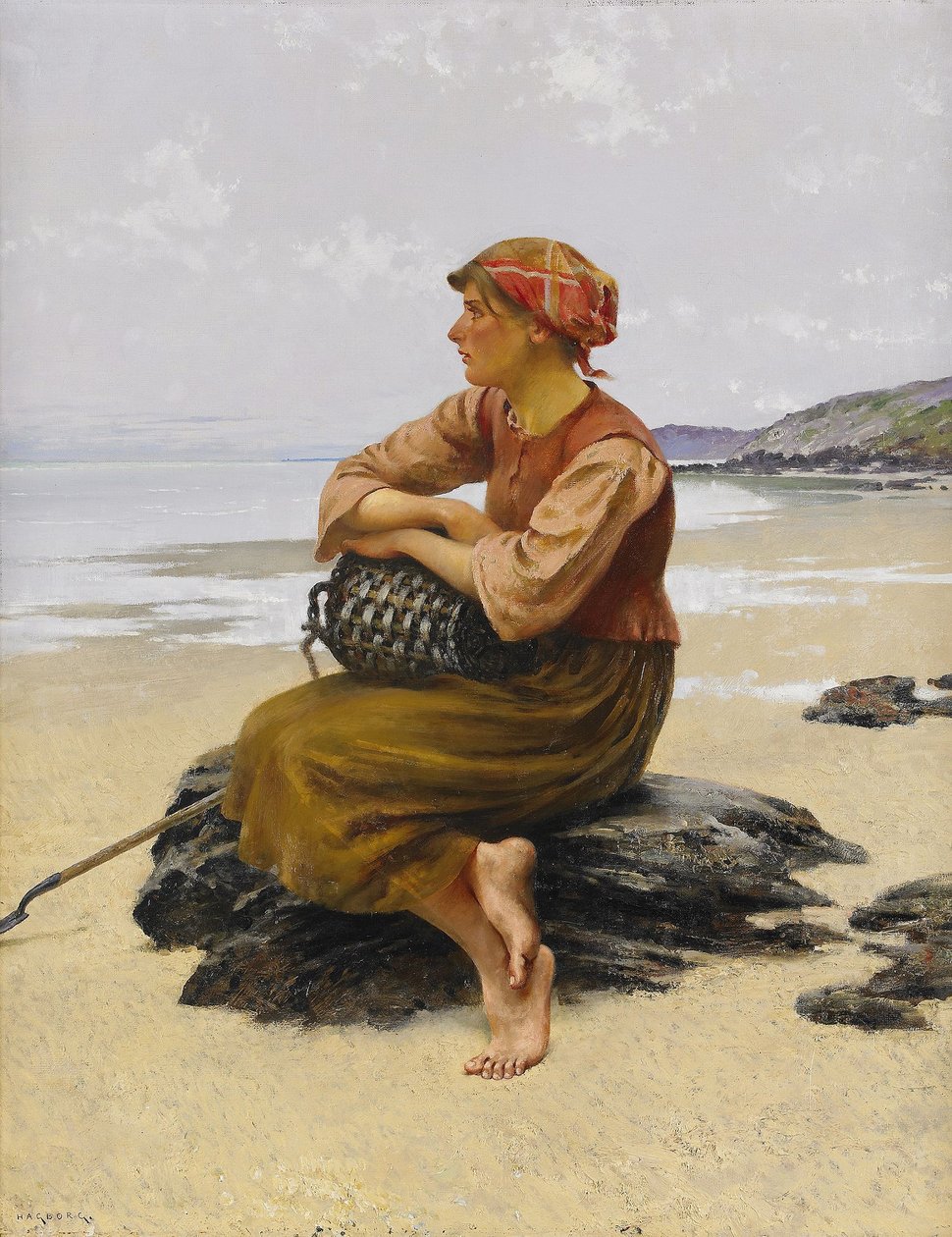 Sittande ostronplockerska pa stranden av August Hagborg