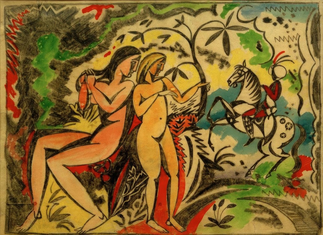 Baderskor och turkiska ryttare, broderi design av August Macke