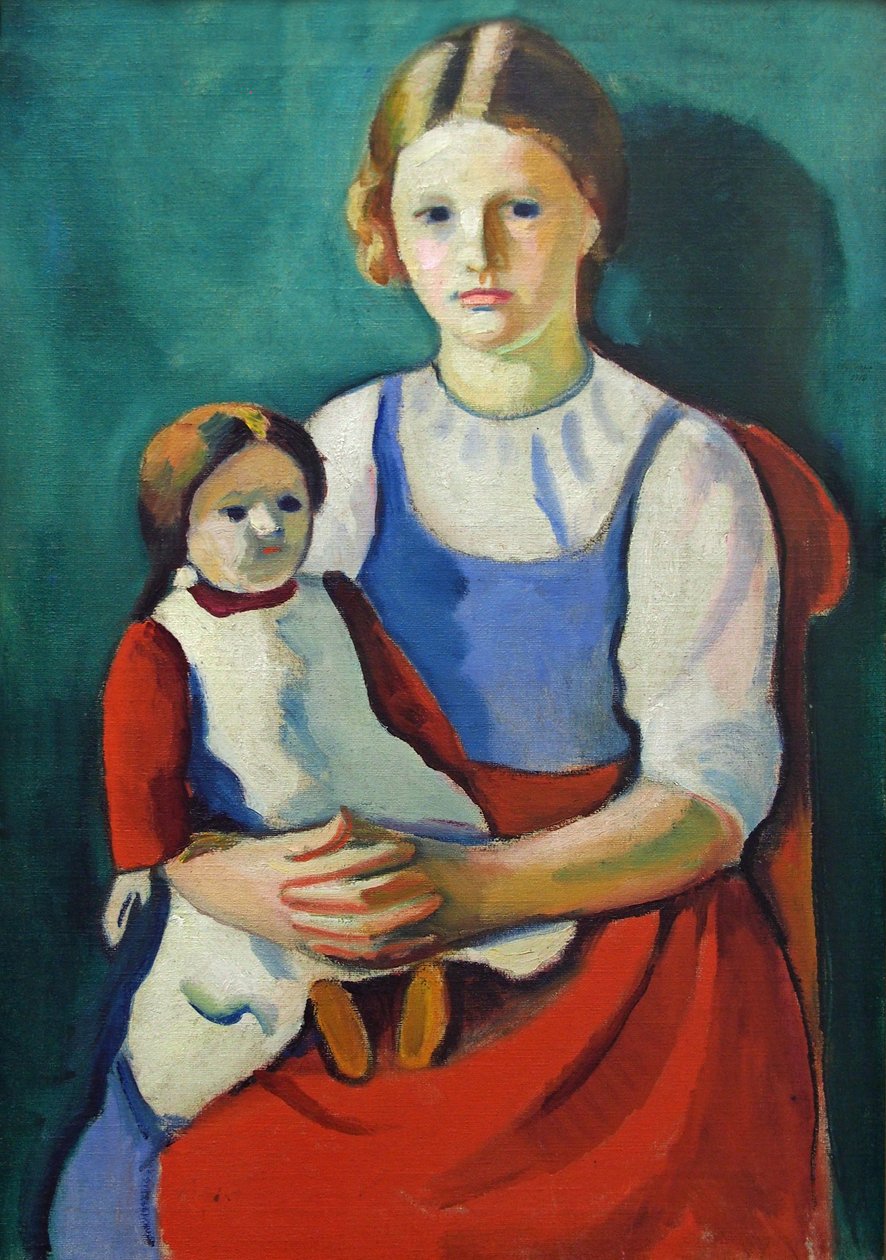 Blondes Mädchen mit Puppe av August Macke