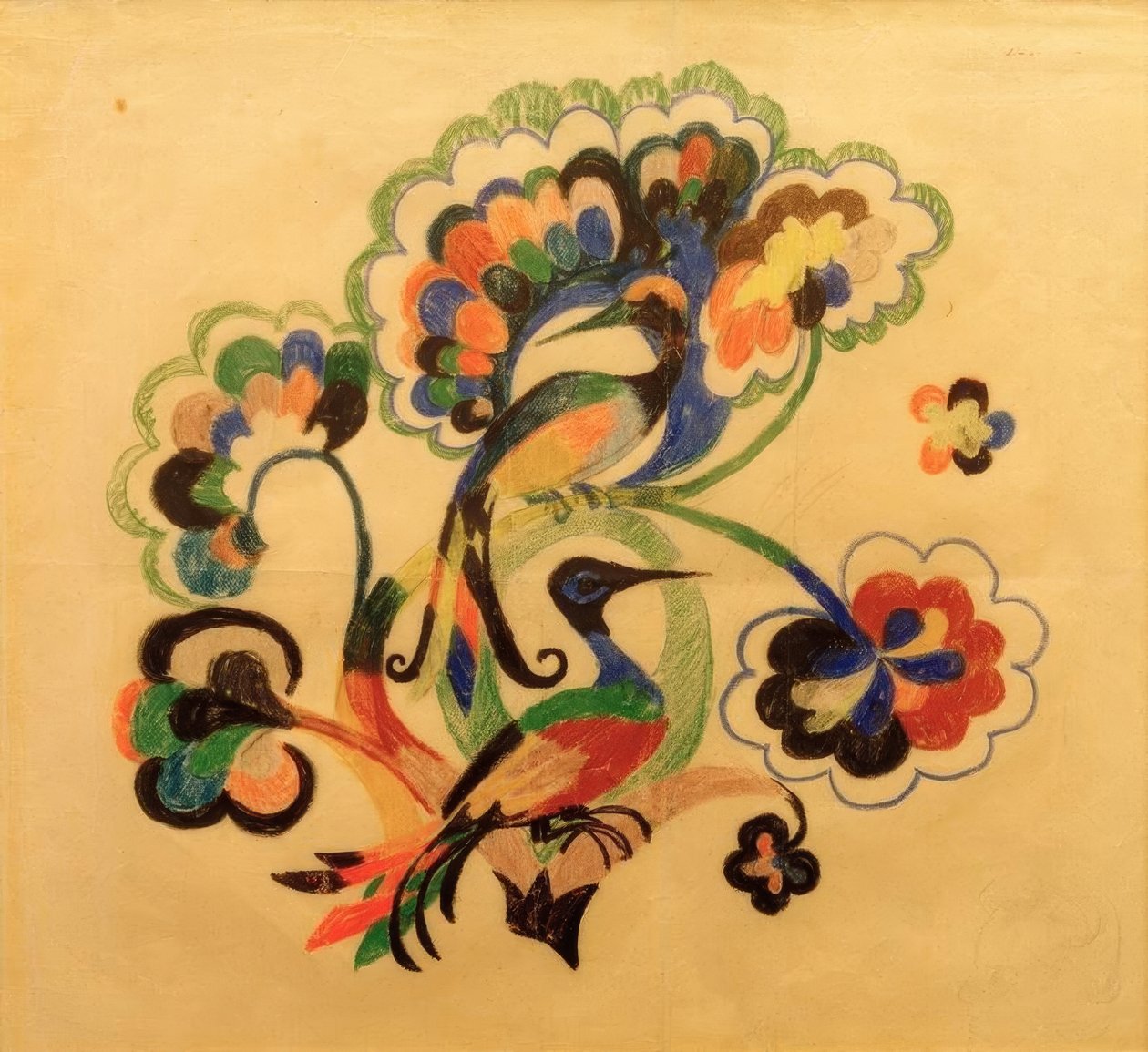 Färgglada fåglar i träd, design för broderi av August Macke