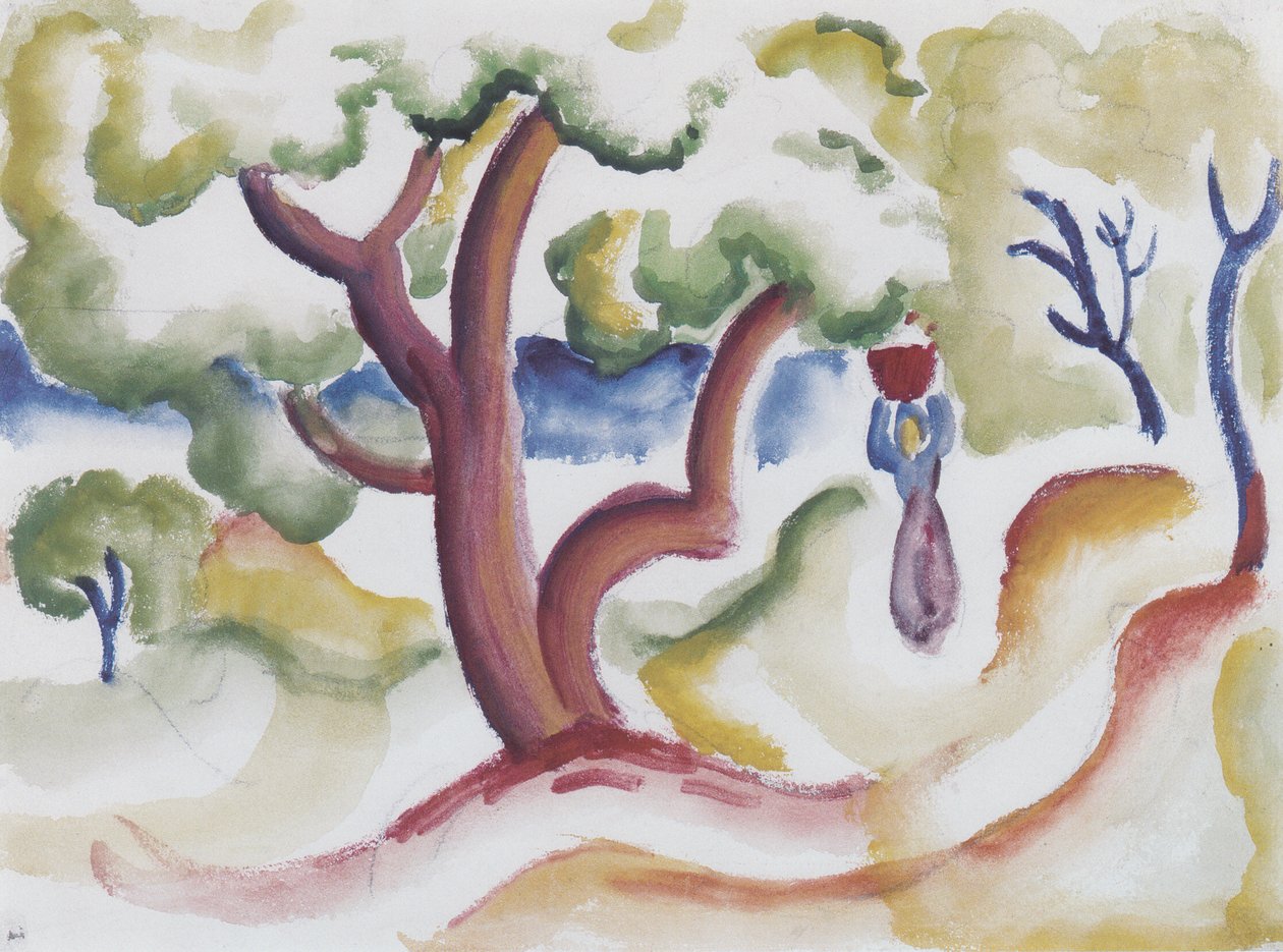 Frau mit Krug unter Baumenn av August Macke