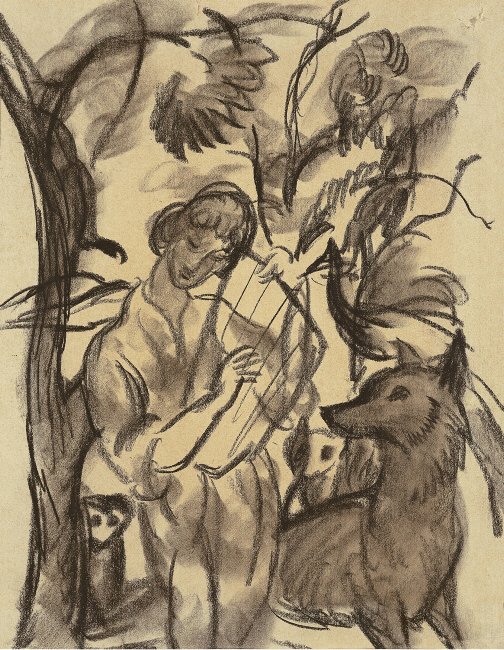 Frau mit Lyra und Hund av August Macke