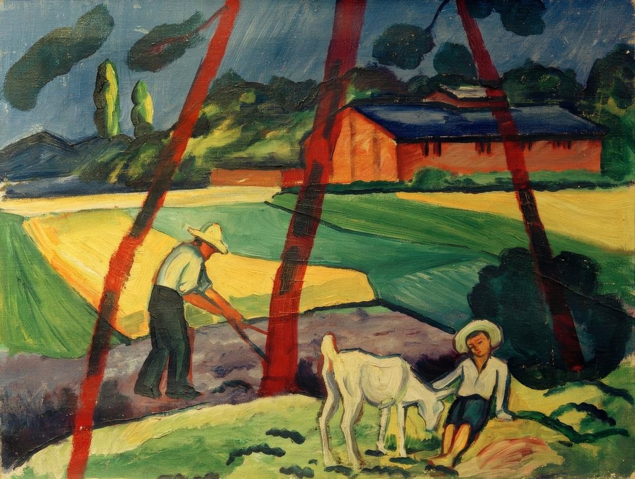 Landskap med en bonde, pojke och get av August Macke