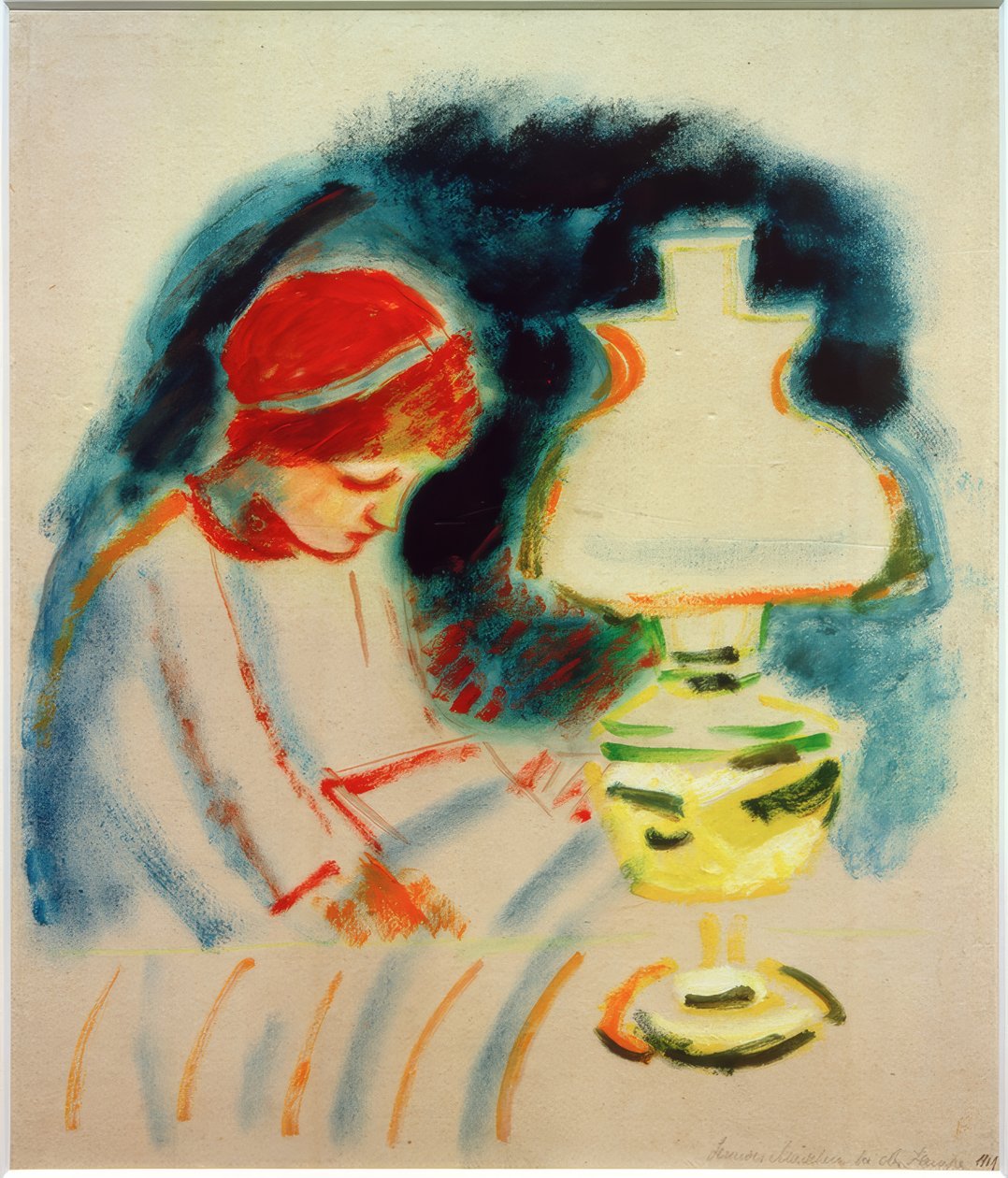Flickan läser vid lampan, 1911 av August Macke