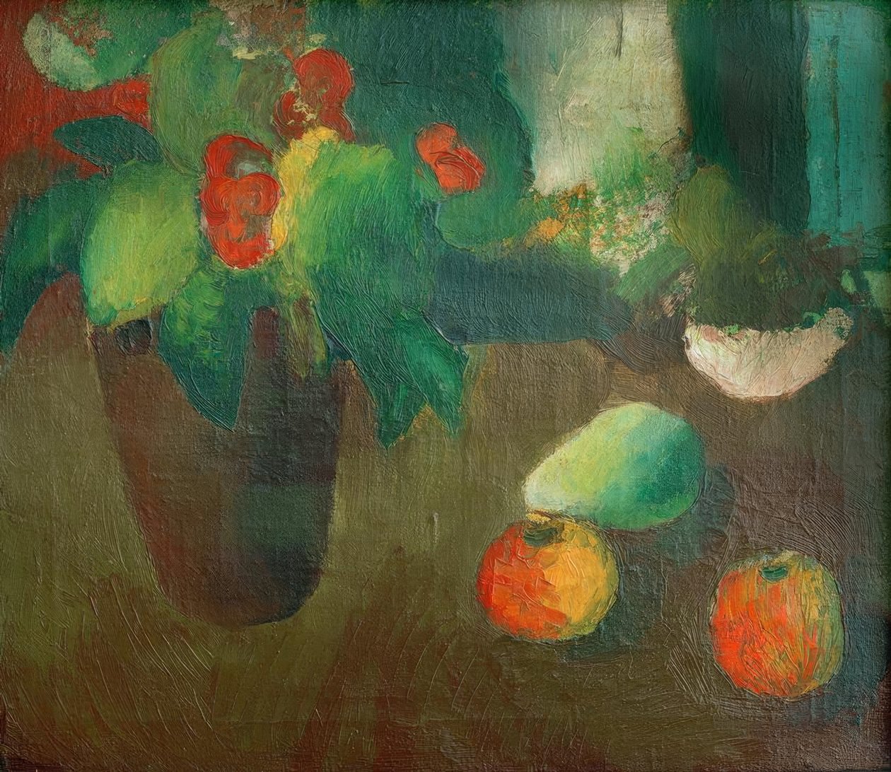Stilleben med begonia, äpplen och päron av August Macke