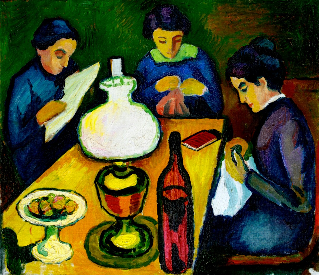 Tre kvinnor vid bordet vid lampan, 1912 av August Macke