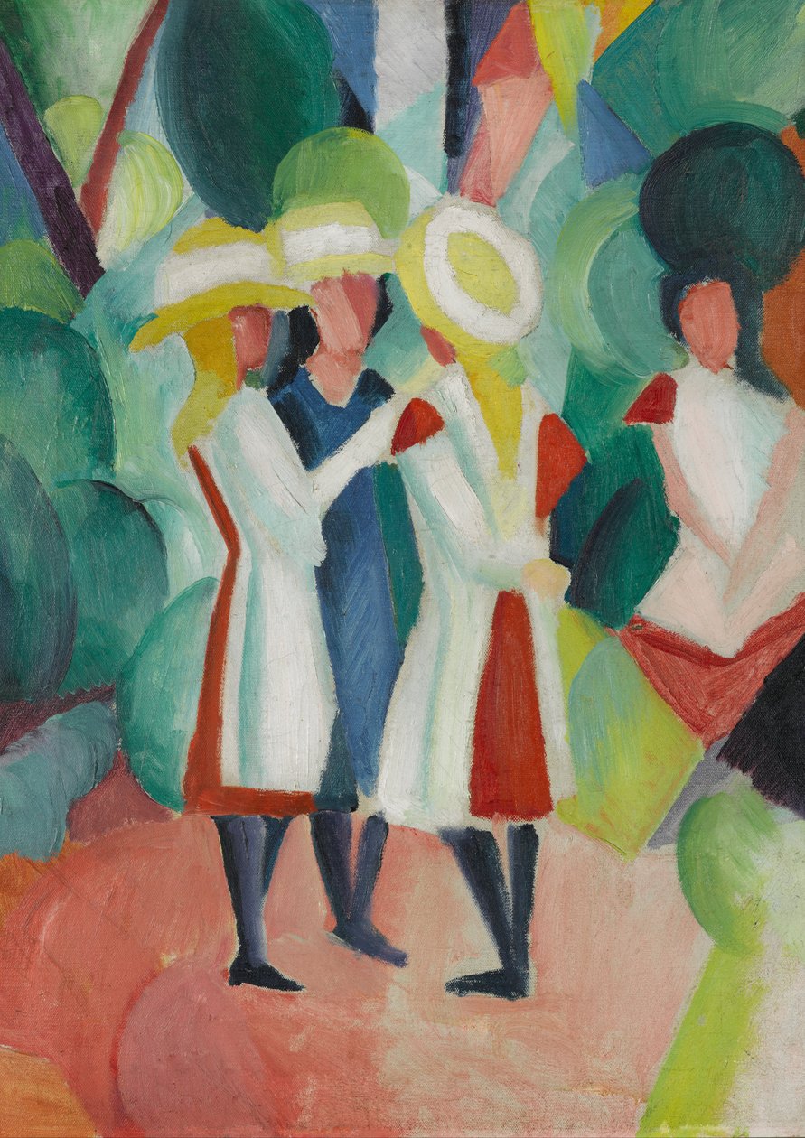 Three girls in yellow straw hats I  av August Macke