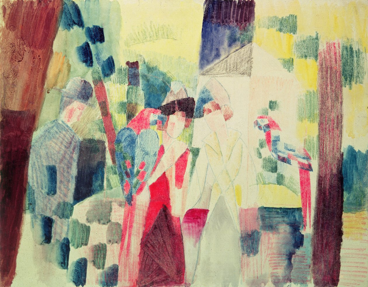 Två kvinnor och en man med papegojor, 1900-talet av August Macke
