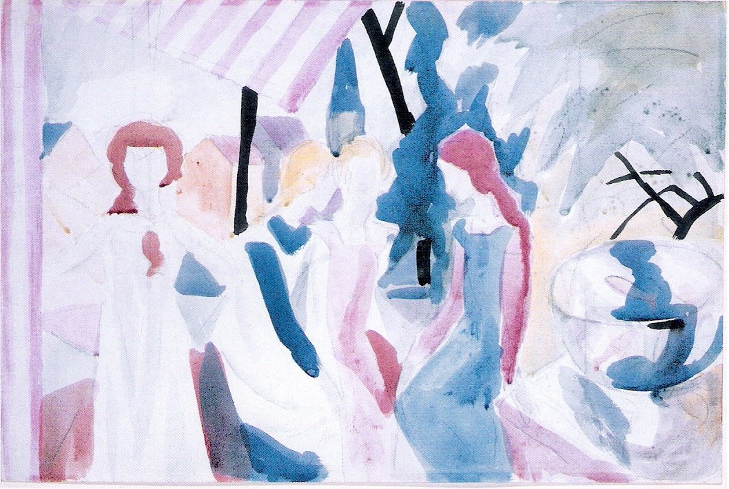 Vier Madchen auf einer Altane av August Macke