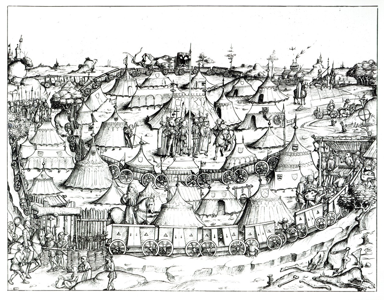 Medeltida militärläger, från en bok, pub. 1887 (bw foto) av August Ottmar von Essenwein
