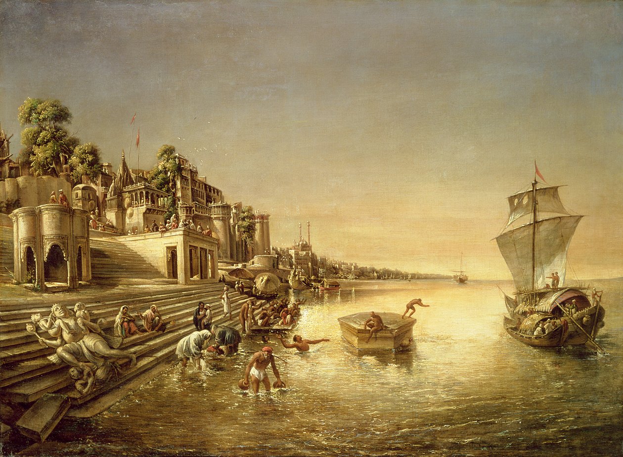 Utsikt över Benares med människor som badar och ber i Ganges av August Theodor Schoefft