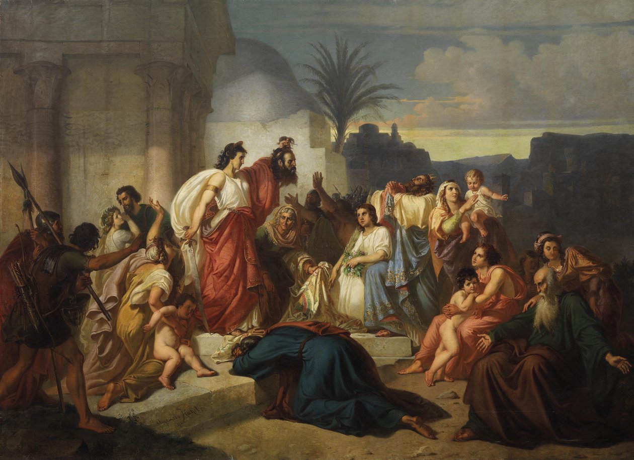 Judith zeigt den Bethuliern das Haupt des Holofernes av August von Heckel