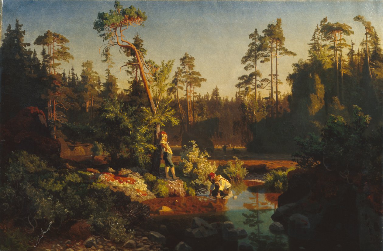 Små pojkar i skogen (Shepherd boys) (målning) av August Cappelen
