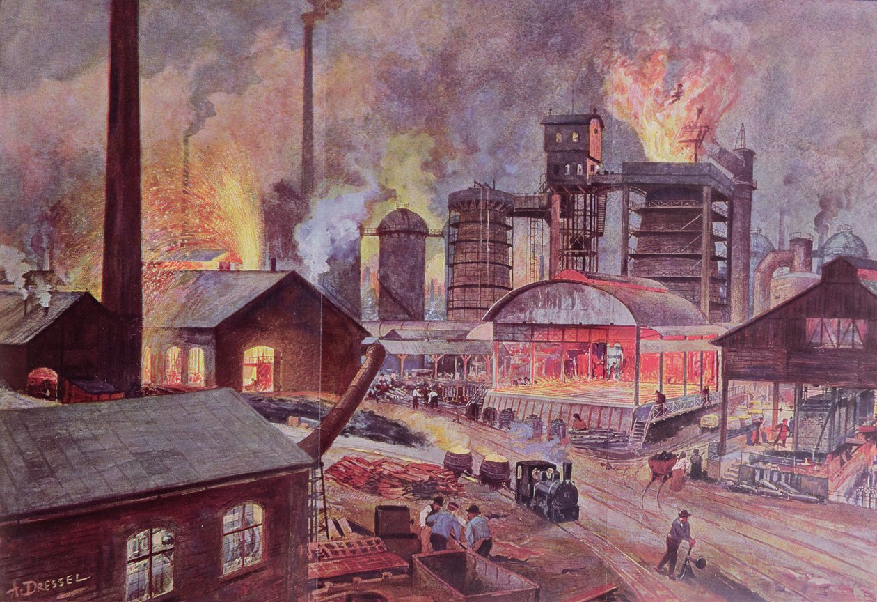 Fabrik med masugn, från en serie böcker om LUnivers et lHumanite av H. Kraemer, publicerad i Paris i slutet av 1800-talet (färgstick) av August Dressel