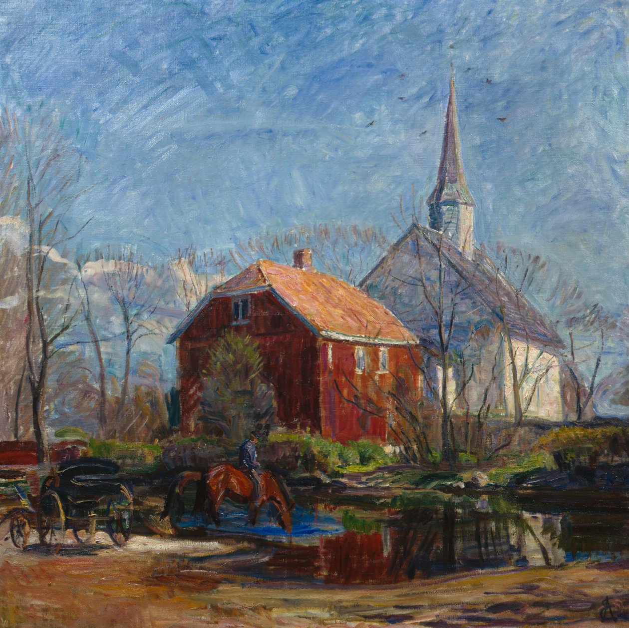 Kyrka och röda huset, Rygge kyrka av August Eiebakke