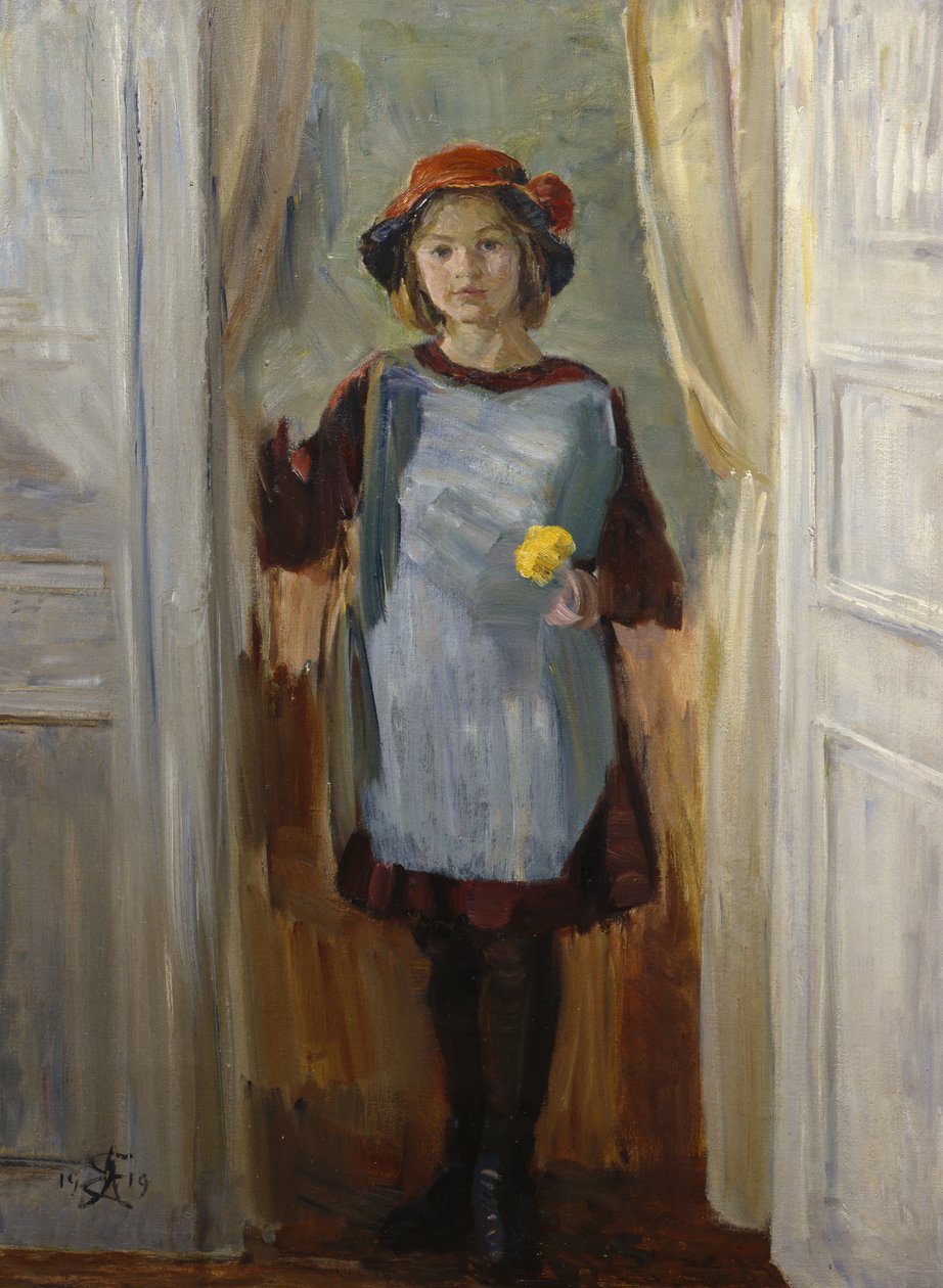 Flicka i dörröppningen (Maria Eiebakke) 1918 (olja på duk) av August Eiebakke