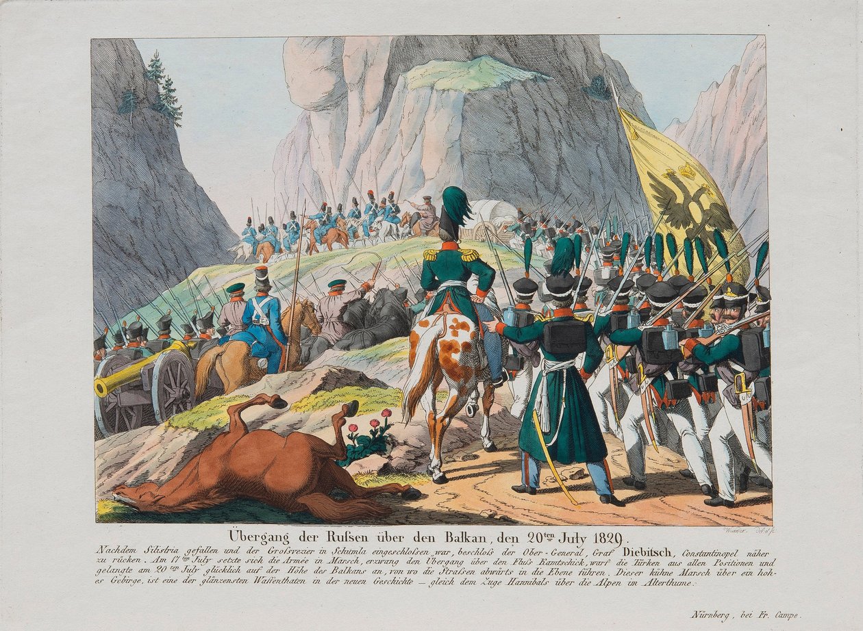 Armén av Graf Ivan Ivanovich Diebitsch som korsar Balkan, ca. 1830 av August Friedrich Andreas Campe