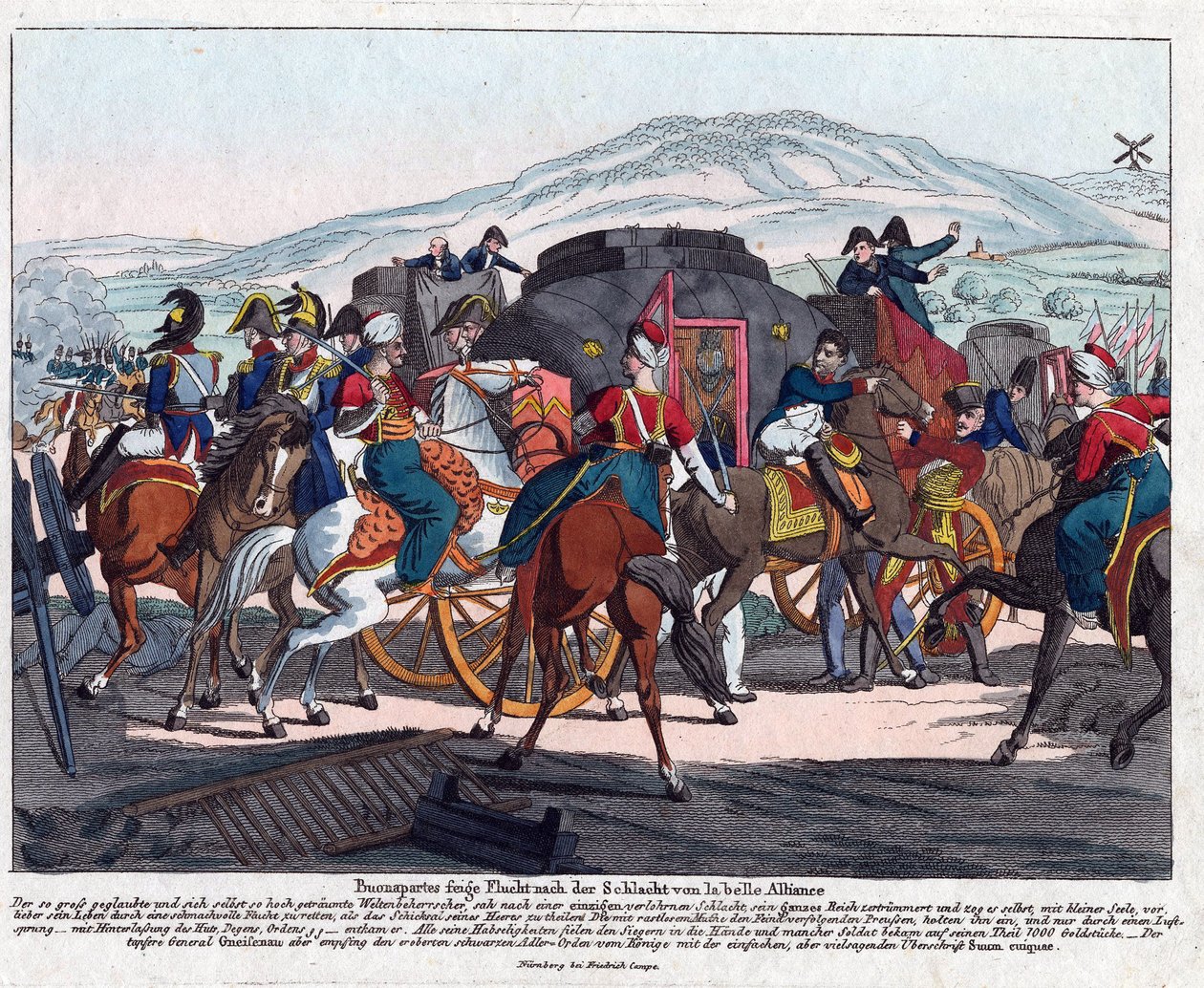Napoleons flykt efter slaget vid Waterloo (1815) - Campe, August Friedrich Andreas (1777-1846) - Etsning, akvarell - 21,5x26,3 - Privat samling av August Friedrich Andreas Campe