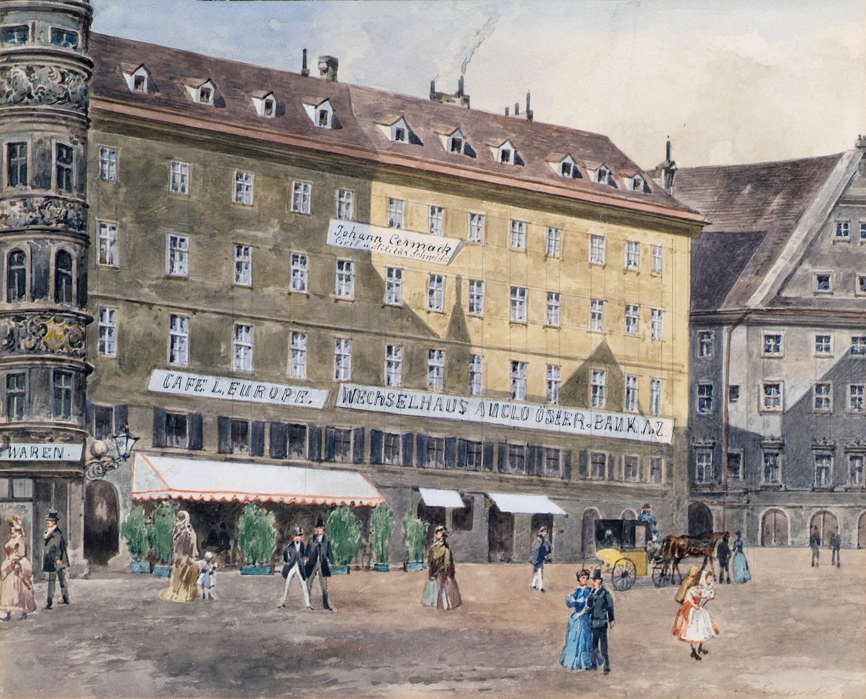 Den tidigare brandplatsen vid Stephansplatz i Wien med Café L