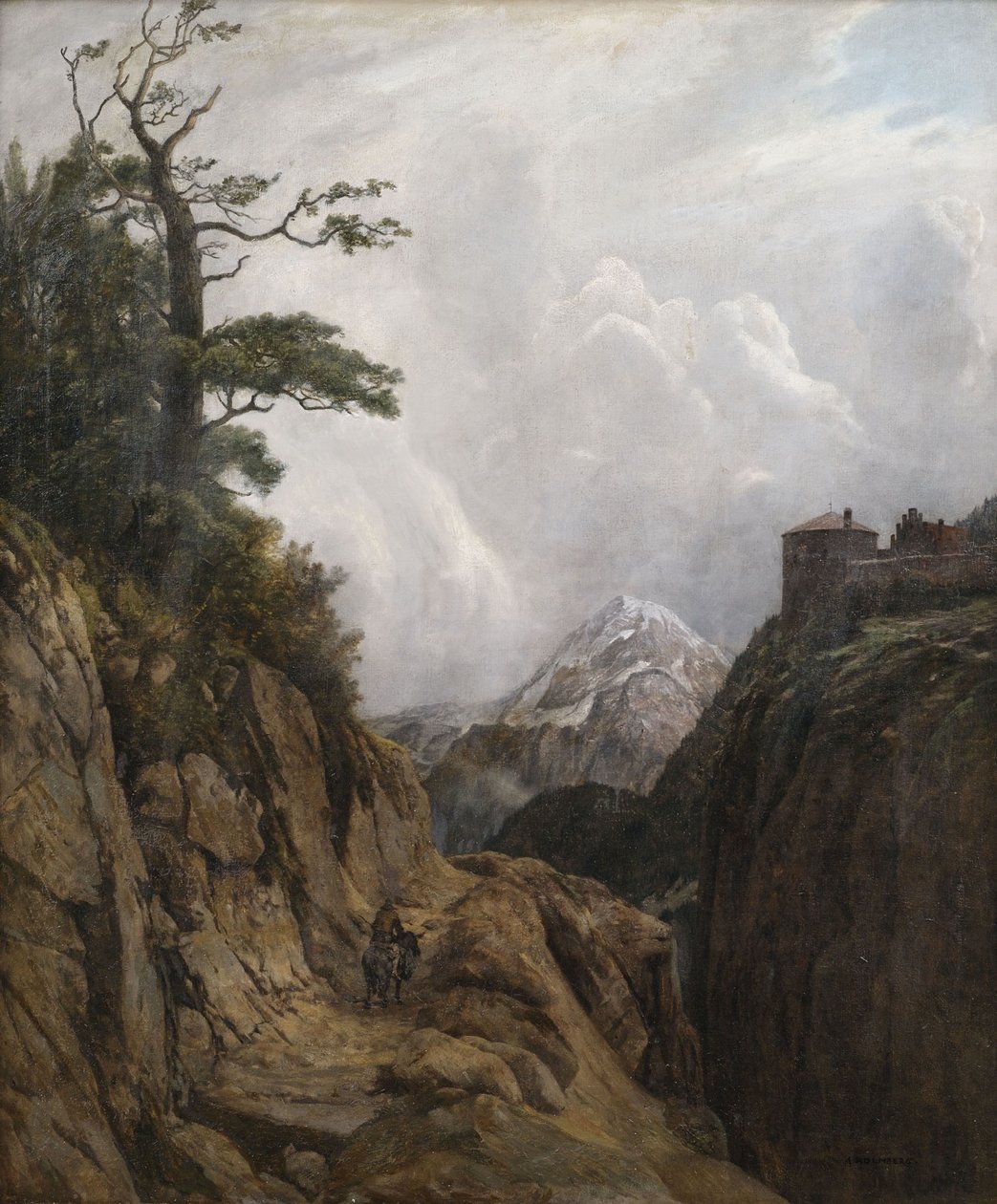 Åsna ryttare i höga bergslandskap av August Holmberg