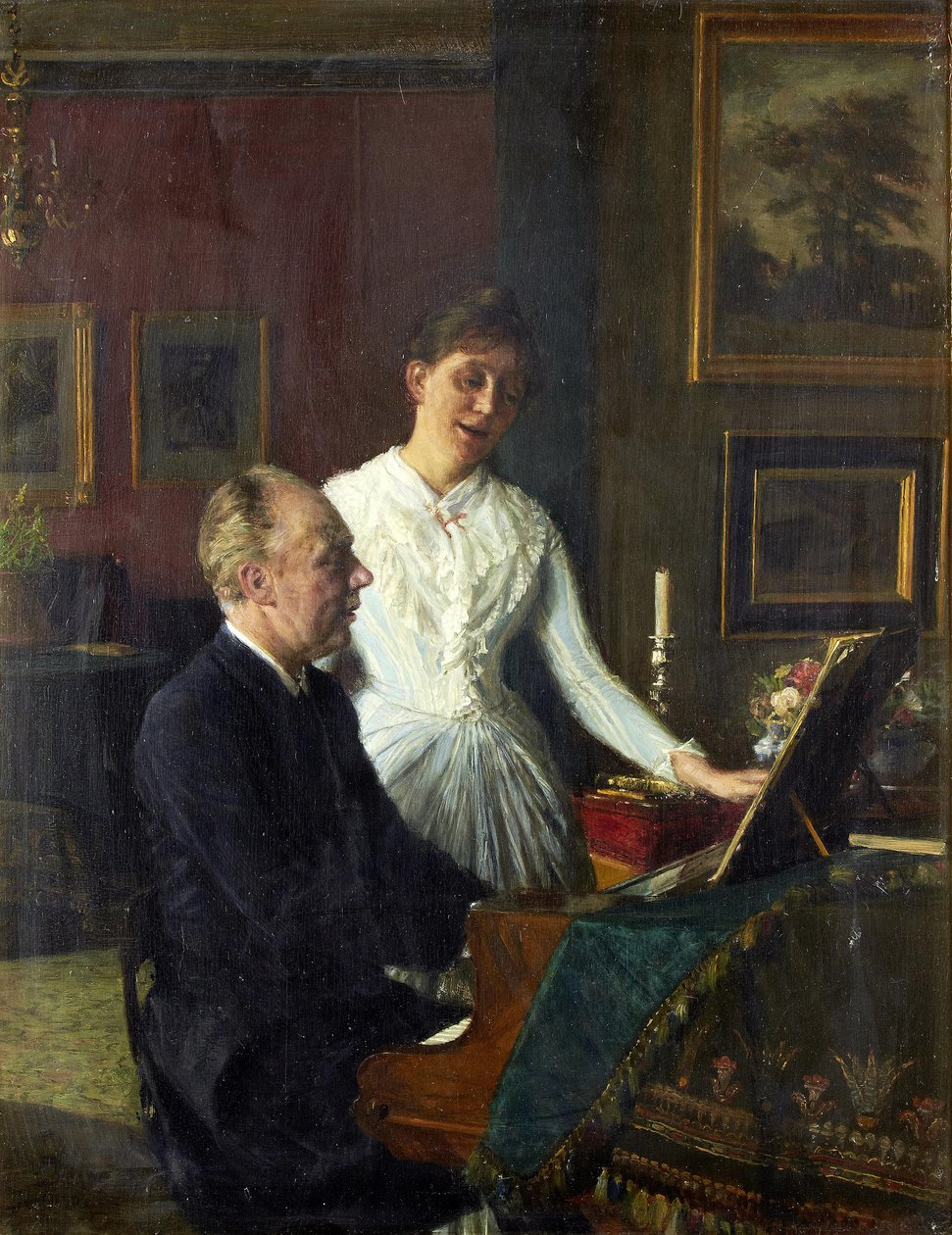 Skådespelaren Peter Jerndorff och hans fru Amalie vid pianot av August Jerndorff