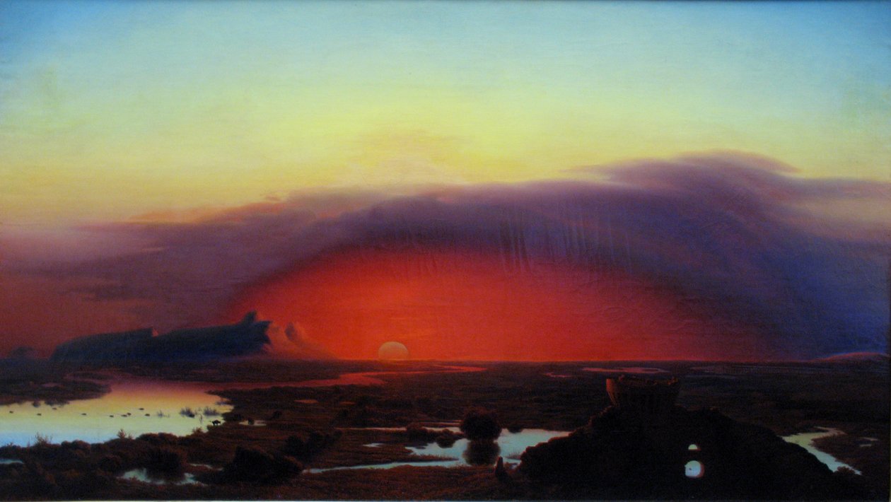 Tyska: Die Pontinischen Sümpfe bei Sonnenuntergang De pontinska träsken vid solnedgången av August Kopisch