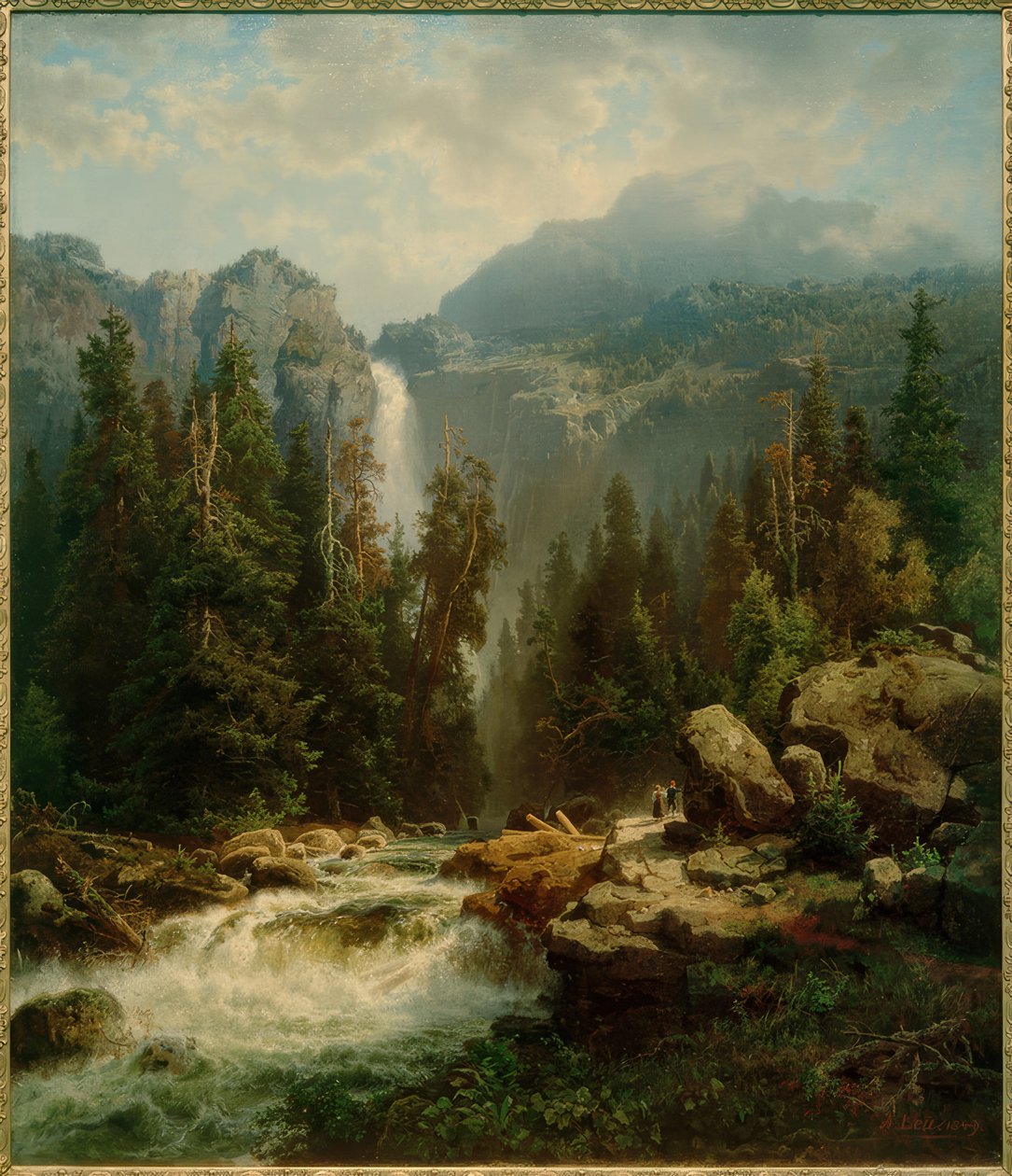 A. Leu d. Ä., norskt landskap med vattenfall av August Wilhelm Leu