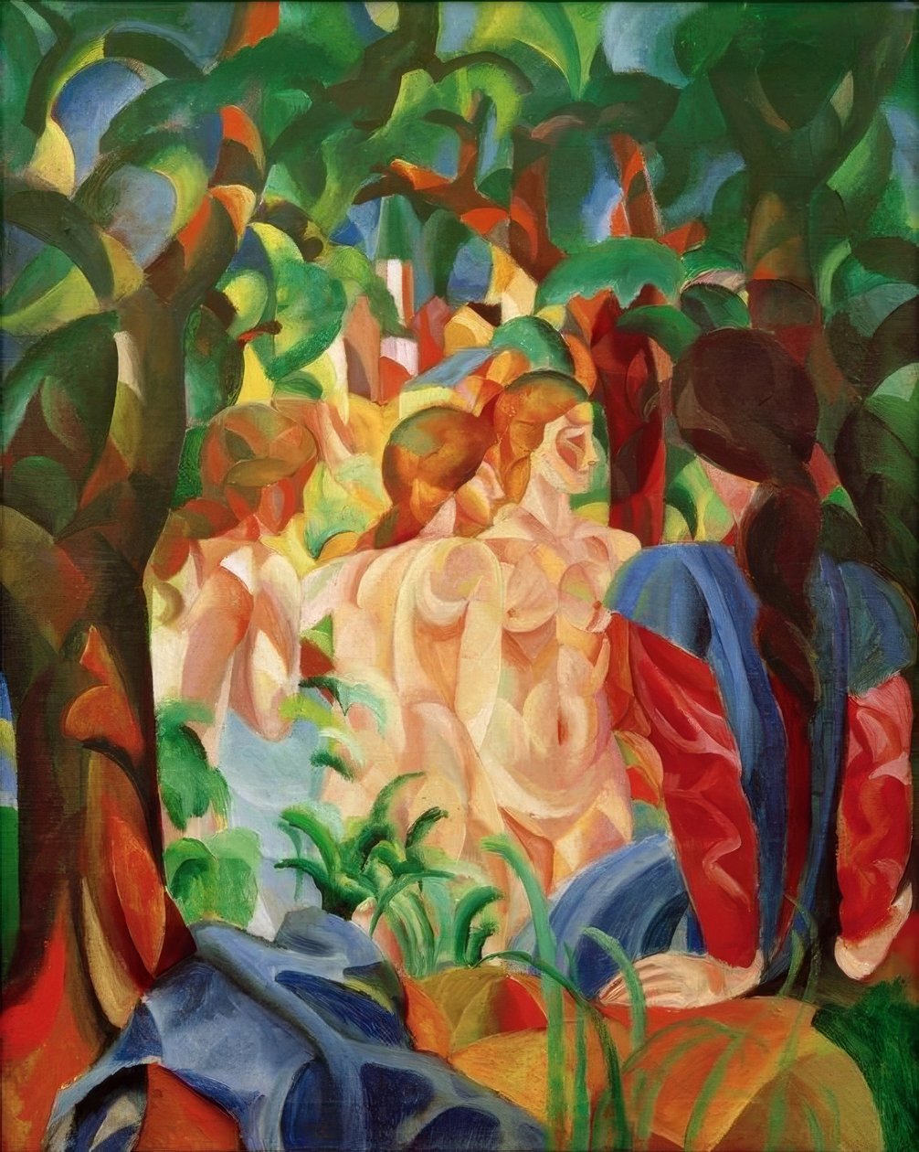 Badande tjejer med staden i bakgrunden av August Macke