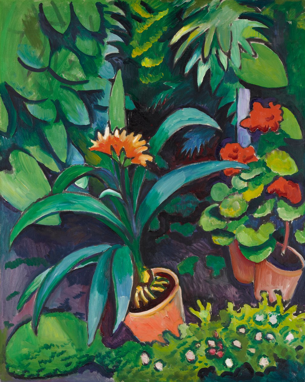 Blommor i trädgården, clivior och pelargoner av August Macke