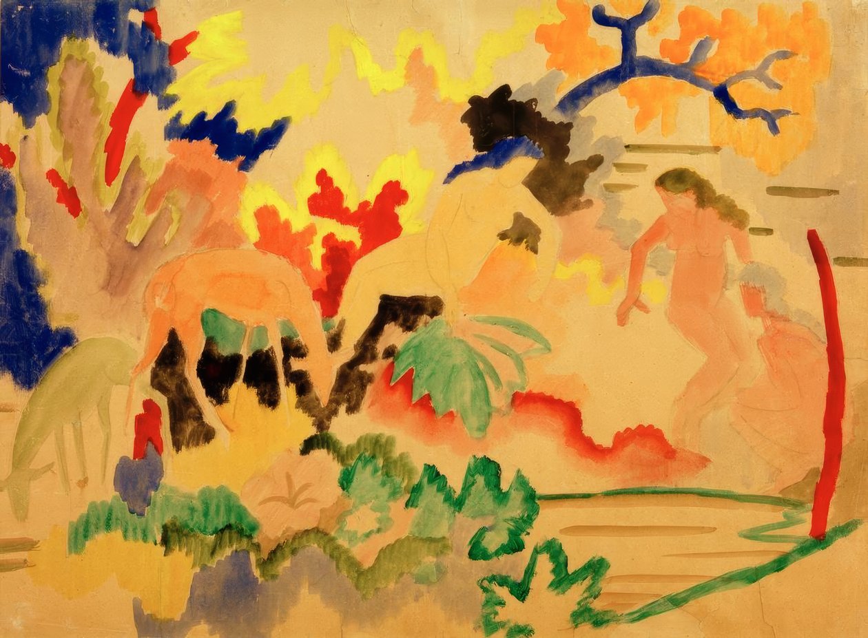 Tre nakenbilder med rådjur vid vattnet av August Macke